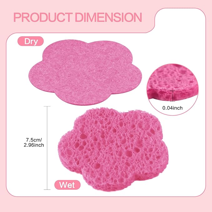 50-Count Facial Sponges Compressed Facial Sponges Natural Facial Cleansing Sponges Pads Cute Flower Shape Exfoliating Sponges for Cleansing Reusable,Best Makeup Gift, Pink