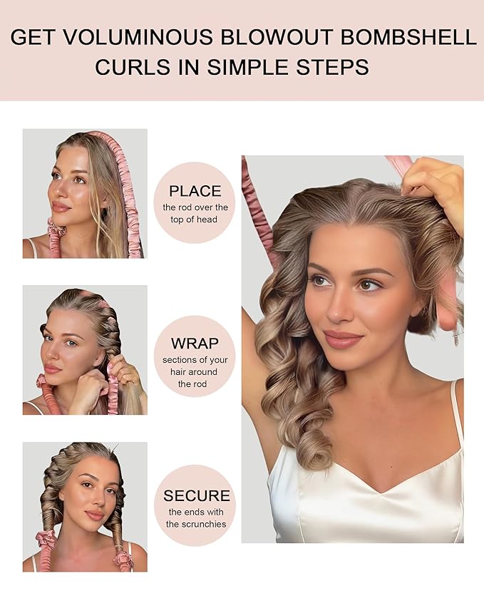 Heatless Curls Overnight Hair Curler to Sleep In Soft Jumbo Hair Rollers for Long Hair Blowout Look No Heat Overnight Curls, Satin Small Flexi Rods for Tight Curl Heatless Curling Rod Set with Clip