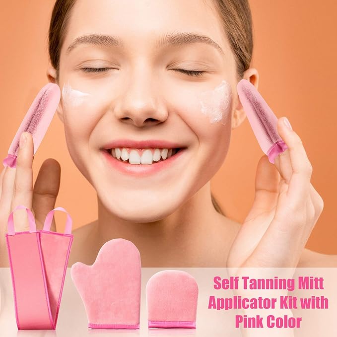 Boao 5 Pieces Self Tanning Mitt Applicator Kit, Includes Tanning Mitt, Exfoliating Glove, Mini Face Glove, Back Lotion Applicator, and Large Brush Makeup(Pink)