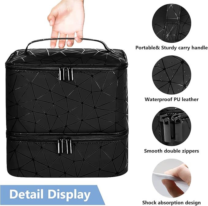 CTWWFS PU Leather Nail Polish Organizer and Nail Lamp Case, Nail Kit Organizer Holds 30+ Bottles (15ml - 0.5 fl.oz) and a Nail Lamp, Nail Polish Carrying Case with Manicure Tools Storage Sections
