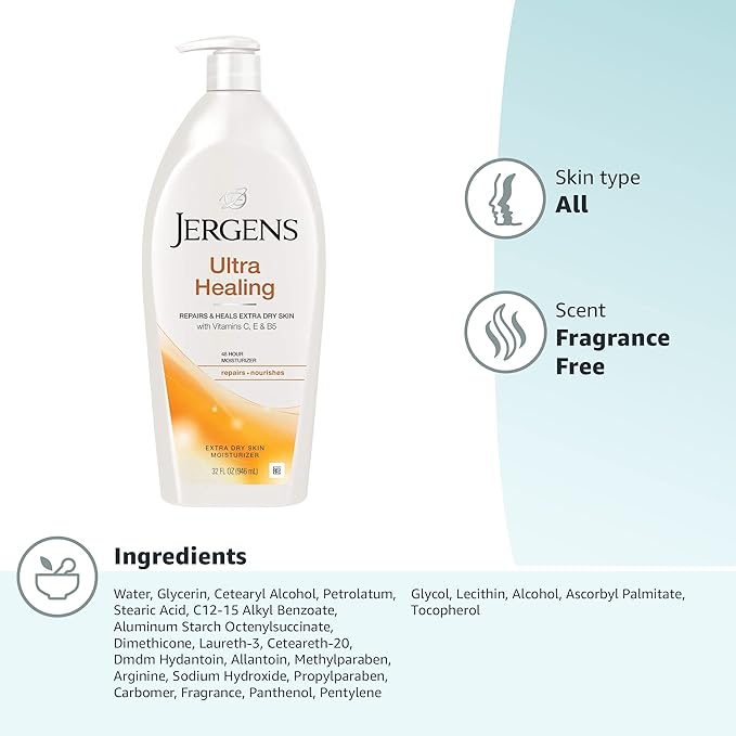 Jergens Ultra Healing Dry Skin Moisturizer, Body and Hand Lotion for Dry Skin, for Quick Absorption into Extra Dry Skin, with HYDRALUCENCE blend, Vitamins C, E, and B5, 32 Ounce (Pack of 2)