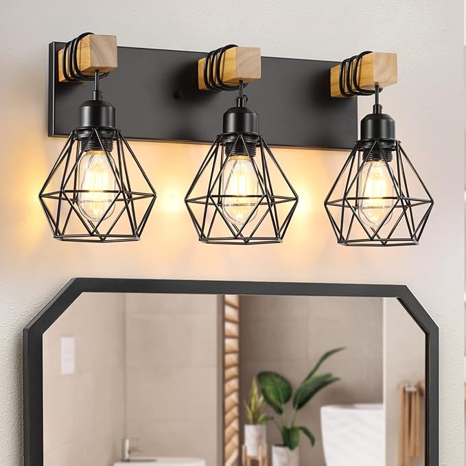 3-Light Farmhouse Bathroom Vanity Light Fixtures, Wood Bathroom Light Fixtures Over Mirror, Rustic Sconces Wall Lighting with Elegant Metal Lampshade for Living Room, Bedroom, Hallway