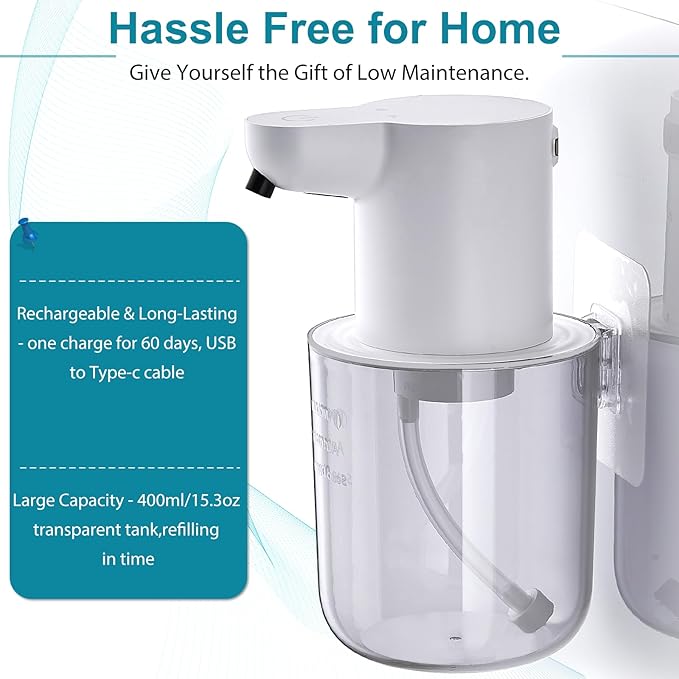 Automatic Soap Dispenser for Kitchen Sink - Wall-Mount & Countertop: 4-Level Adjustable, 13.5oz Clear Plastic IPX5 Rechargeable, Suitable for Kitchen Sink & Bathroom (White)