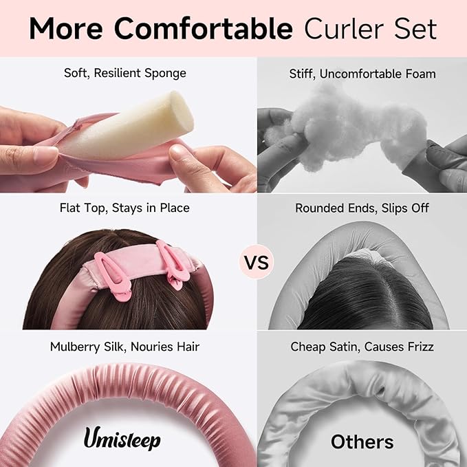 Umisleep 22 Momme Mulberry Silk Heatless Curls Overnight, Heatless Hair Curler to Sleep In, for Women Long Hair, Hair Care Roller Gift Set, Upgraded Soft with Clips & Scrunchies, Pink