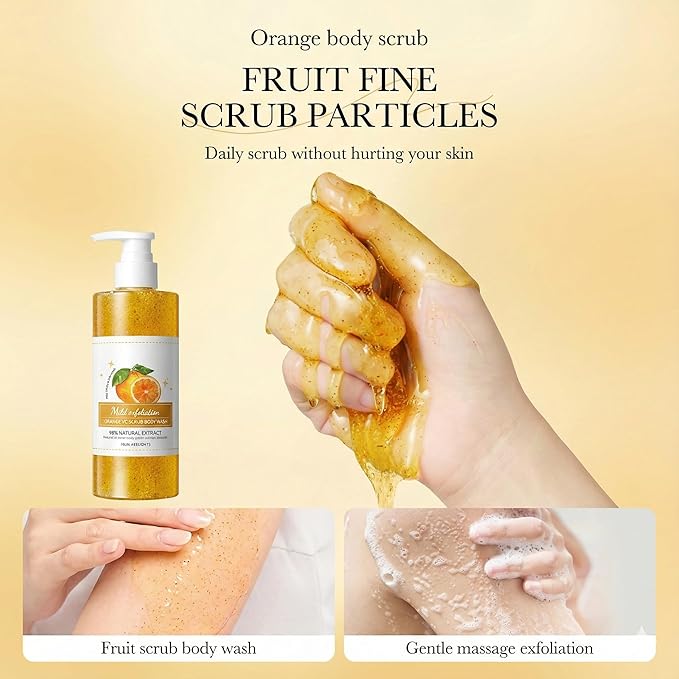 Orange Exfoliating Body Wash - [300ml] Vitamin C Brightening Shower Gel with Natural Scrub - Citrus Scented Mild Body Scrub for Glowing Skin & Roughness - Refreshing Daily Cleanser