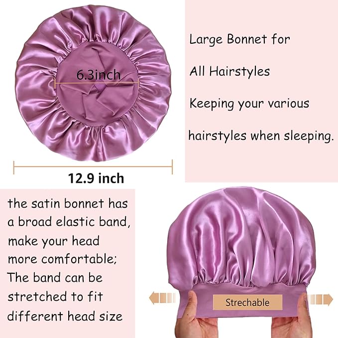 2 Pack Satin Bonnet Silk Bonnet for Sleeping Women, Hair Sleep Bonnets for Women, Wide Soft Band Large Sleep Cap for Curly Hair Braids