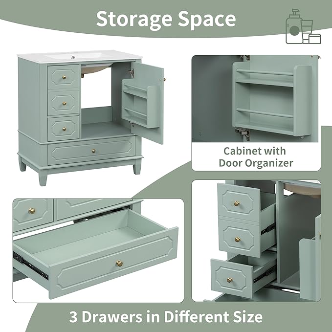 30" Bathroom Vanity with Sink, Harper & Bright Designs Free Standing Single Vanity Set with 3 Drawers and One Door with Storage Racks, Wood Storage Cabinet with Ceramic Basin for Bathroom, Light Green