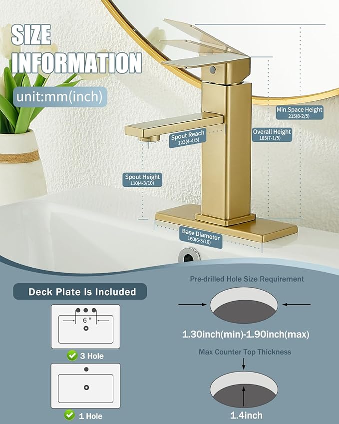 Bathroom Sink Faucet, Brushed Gold Bathroom Faucet 3 Hole with Pop-up Drain and Vessel Sink Hole Cover 6", Stainless Steel Single Handle Faucets for Bathroom Sink-2 Sets