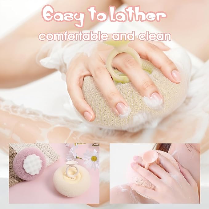2 Pcs Soft Sunflower Suction Cup Bath Ball Exfoliating Mesh Bath Sponge Bath Body Brush Cleaning Scrubber Bath Sponge Brush with Comfortable Non-Slip Handle