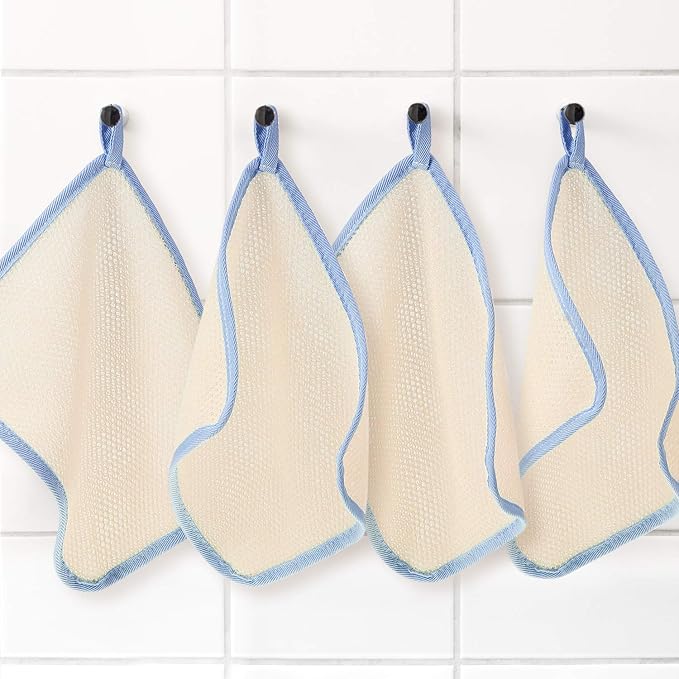 Tatuo 5 Pcs Exfoliating Face and Body Wash Cloths Towel Weave Bath Exfoliating Scrub Massage Bath Cloth for Women and Men, 10.63 x 9.05 Inch(Blue Edge)