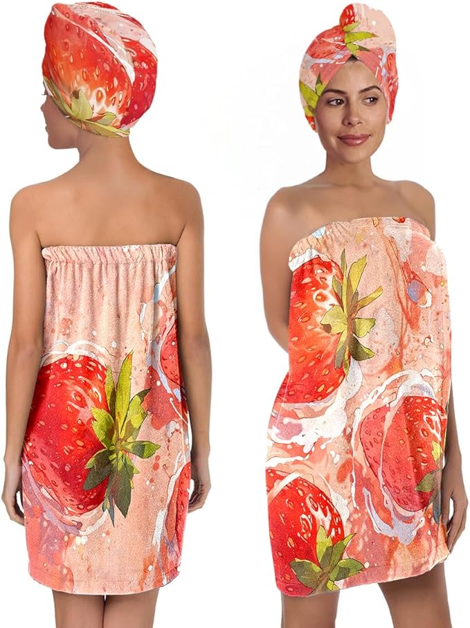 Women’s Strawberry Print Bath Towel and Hair Wrap Set, Soft Absorbent Microfiber Shower Body Wrap with Elastic Closure, Quick-Dry Lightweight Spa Towel Ensemble for Home, Gym & Travel (Strawberry 3)