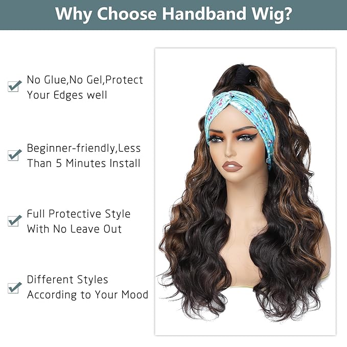 xccoco Long Wavy Headband Wig for Women Black Wigs with Brown Blonde Highlight 200% Denisty Headband Wigs Put On and Go Glueless Wig Long Synthetic Wig for Women Party Daliy Use