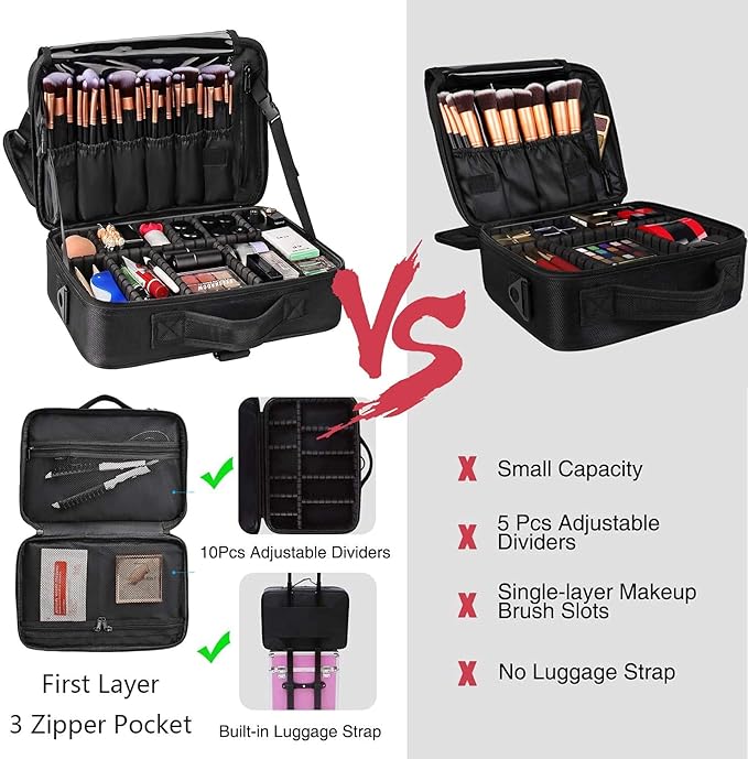 MONSTINA Travel Makeup Train Case,13.8 inches Large Cosmetic Case,Makeup Brush Holder Organizer and Storage with Adjustable Dividers and Shoulder Strap (Black)