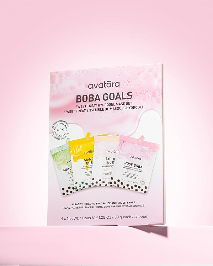 Avatara Boba Goals 4-Pack Variety Hydrogel Mask Set, Rose Boba, Matcha Boba, Mango Boba & Lychee Boba | 1.05 fl. oz / 30 g