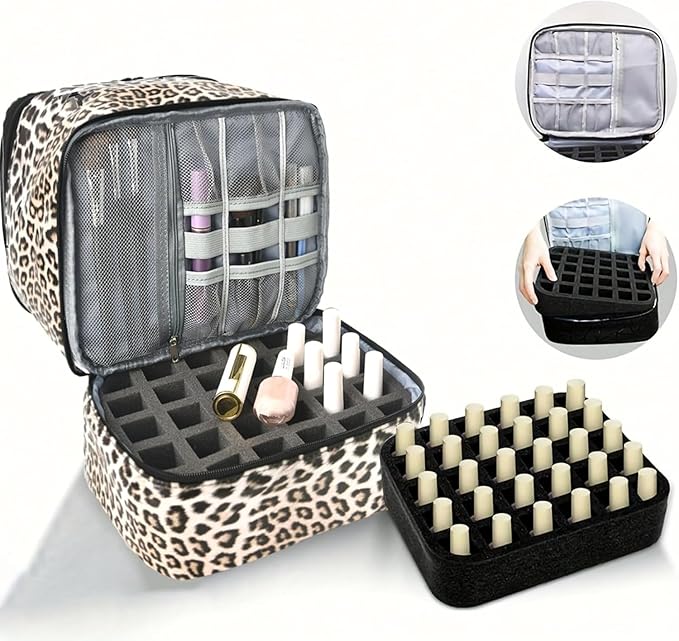 hibear Nail Supplies Organizer Nail Polish Storage Holds 30 BottlesNail Polish Storage Holds 30 Bottles Nail Kit Case Makeup Bag Vanity Case for Women (leopard)