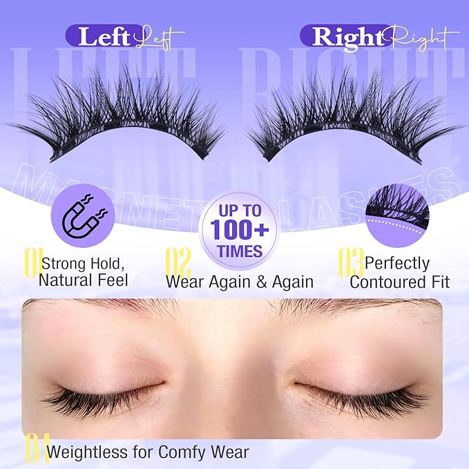 Magnetic Eyelashes with Applicator – Easy Snap-On Magnetic Lashes for Beginners, Natural Cat Eye Look, No Glue No Liner, Reusable Lightweight Strip Lashes by Yawamica