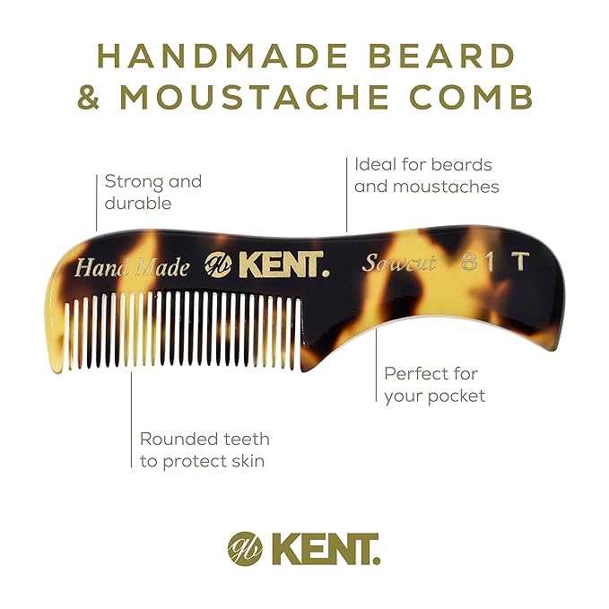 Kent A 81T TY X-Small Men's Beard and Mustache Comb, Fine-Toothed for Facial Hair Grooming and Styling. Quality Cellulose Acetate, Saw-cut Polished. Made in England
