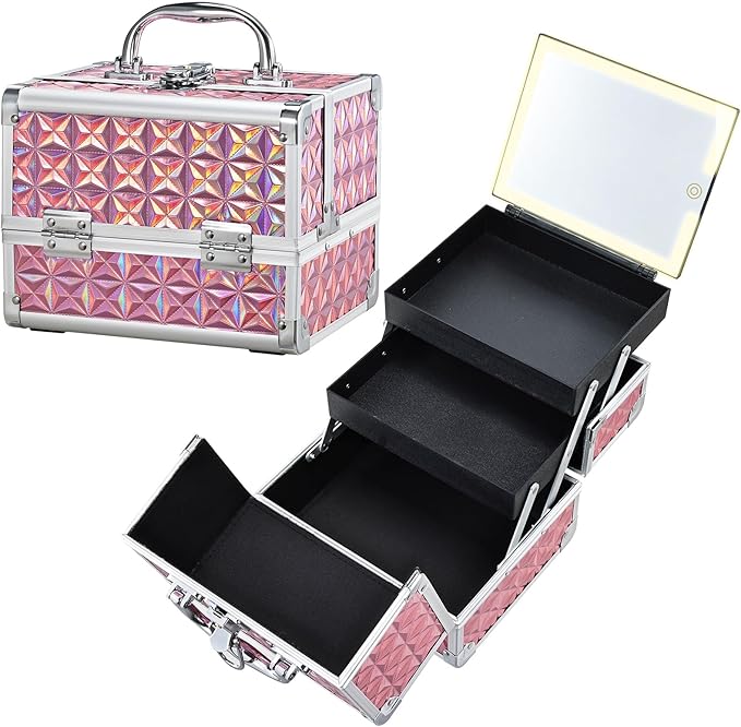 Makeup Case with Lighted Mirror Travel Makeup Organizer Box Portable Lockable 2 Trays Cosmetic Train Case with LED Mirror for Girls Make up Nail Kits Sewing Vanity Storage Case, Shiny Pink