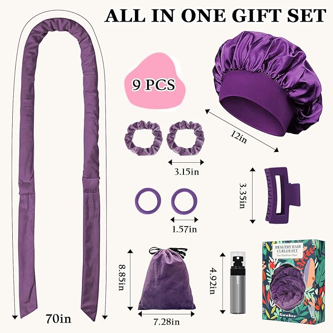 No Heat Overnight Curls Headband to Sleep In, 70" Soft Ribbon Curl Wrap for Long Hair - 9 PCS Curling Rods Set with Bonnet, Purple