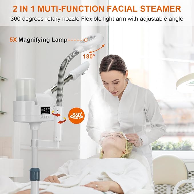 Professional Facial Steamer with 5X Magnifying Lamp, 2 in 1 Facial Steamer Upgrade PTC Heating, Esthetician Steamer Black Face Steamer for Salon Spa Beauty Skin Care (White)
