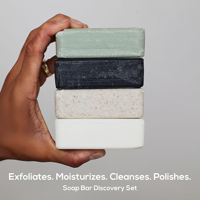 MARLOWE. Soap Discovery Gift Set, Mens Skin Care Variety Selection of Exfoliating Body Scrub, Charcoal, Moisturizing & Polishing Body Bar Soaps for Men, 4 Pack