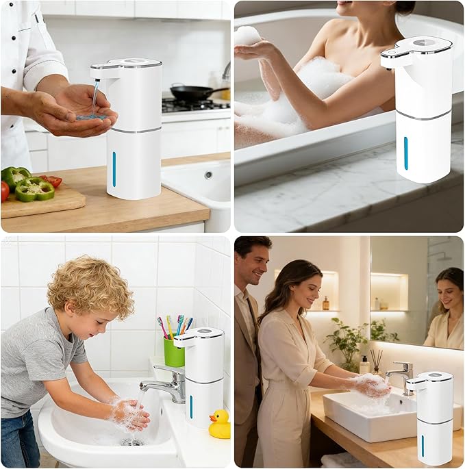Automatic Liquid Soap Dispenser, Touchless Rechargeable Hand Soap Dispenser, 4 Adjustable Levels, 1200mAh Battery, Large Display, for Kitchen & Bathroom (White, Liquid)