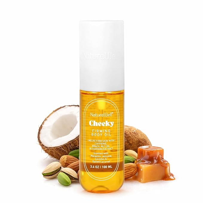 NATURE WELL Cheeky Firming Body Oil, Luxuriously Glowy & Fast-Absorbing Formula Designed to Nourish, Firm, & Visibly Smooth Skin, Scented with Pistachio, Almond, Coconut, & Salted Caramel, 3.4 Oz