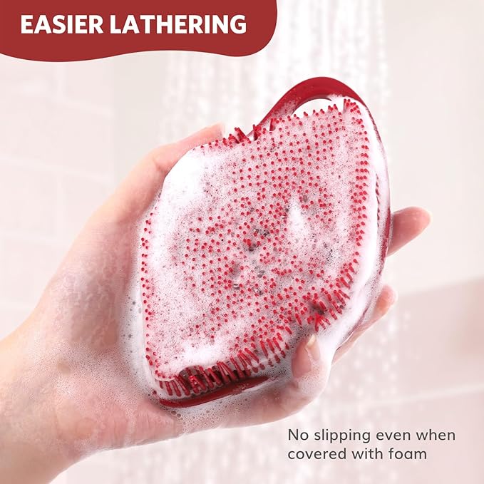 Sndyi Silicone Body Scrubber, Leaf-Shaped Shower Brush for Gentle Cleanse & Exfoliation, Soft Silicone Loofah Body Brush for Sensitive Skin, Romantic Gift for Her/Him, Festive Red