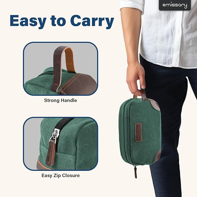 emissary Men's Toiletry Bag, Leather and Canvas Travel Toiletry Bag, Dopp Kit for Men, Travel Bathroom Bag Men's Shaving Kit, Travel Kit Small Bags for Men, Shaving Bag for Travel Accessories (Green)