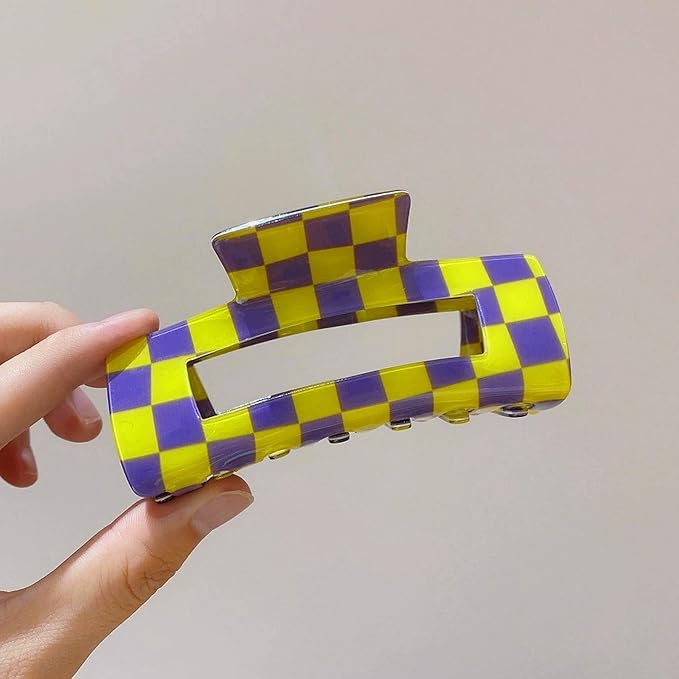 SINIDE Checkered Rectangle Hair Claw Clips, Large Acrylic Bright Multicolored Square Checker Barrettes for Thin Thick Hair Cute Non Slip Jaw Clips Strong Hold Claw Clamps for Women Ladies (4 Pack)