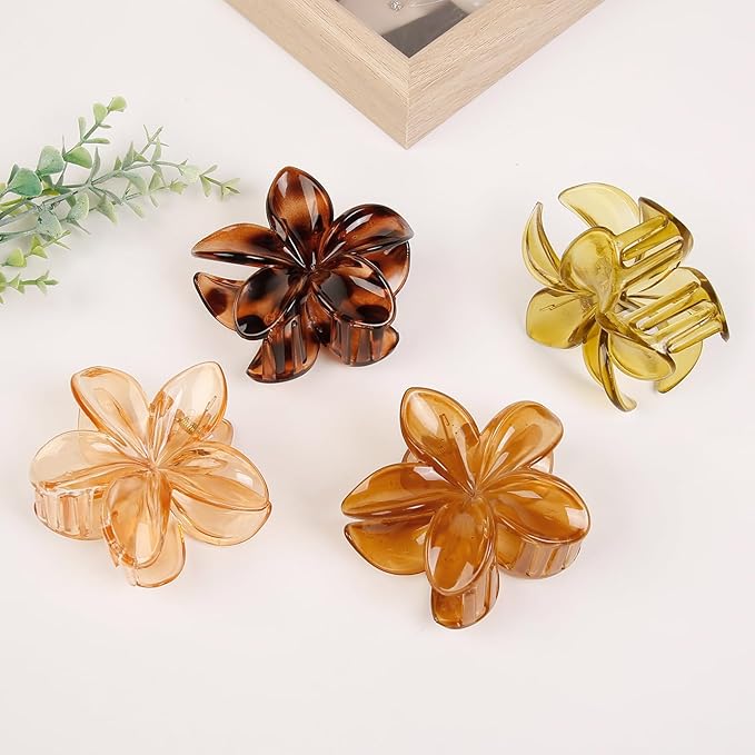 Flower Hair Clips for Women, 4 Pcs Neutral Color Hawaiian Flower Hair Claw Clips, Cute Large Hibiscus Hair Claw Decorative Accessories For Thick and Thin Hair