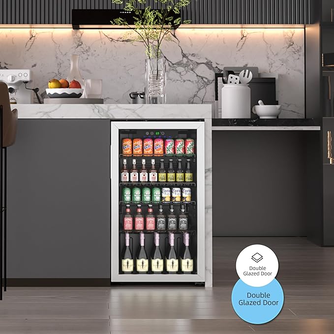 Beverage Refrigerator and Cooler, 110 Can/3.1 Cu Ft Mini Fridge with Glass Door, Adjustable Shelves for Soda,Bee,Wine, Free Standing Small Refrigerator, Digital Display, for Home, Bar, Office