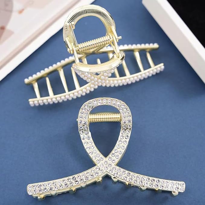 2 Pcs Gold Rhinestone Hair Clips For Women,Medium Metal Sparkly Hair Claw Clip For Thick Hair,Grils Elegant Hair Accessories Bling Claw Clip (Style 2)
