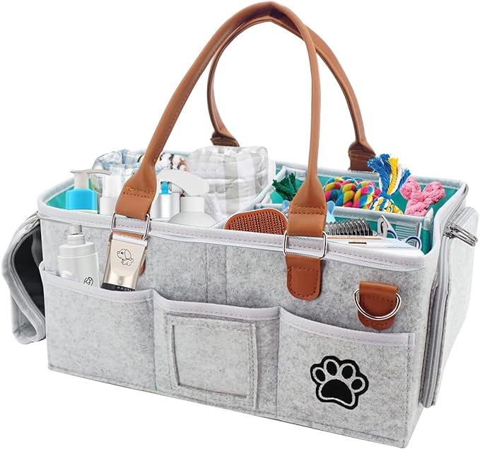 Felt Dog Grooming Bag,Portable Tote Bag for Dogs Cats,Dog Storage Organizer for Grooming Tool Kit,3 Compartments Pet Stuff Oganizers with 8 Pockets-Grey