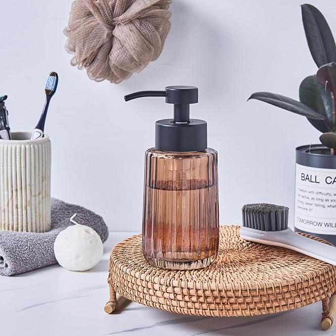 Easy Tang Glass Foaming Brown Soap Dispenser with Black Pump, 12 OZ Vintage-Inspired Modern Glass Refillable Bottle, Hand Soap for Bathroom Countertop and Kitchen