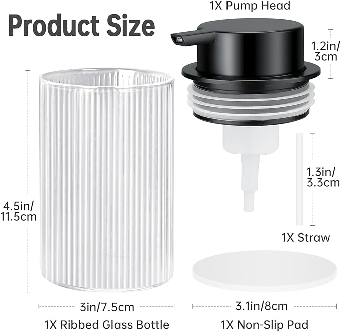 NiHome 14oz Multifunctional Glass Foaming Hand Soap Dispenser with Elegant Stripe Pattern, High-Capacity Easy to Refill for Home & Commercial Use, Advanced Foam Pump & Non-Slip Base (Frosted Black)