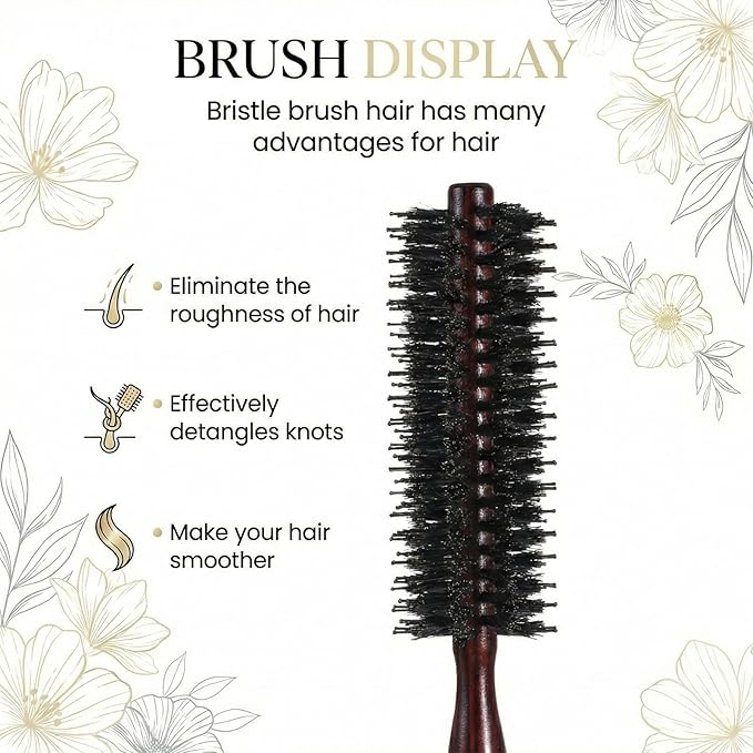 Roller Brush for Blow Drying, Natural Boar Bristle Round Brush Portable Mini Roller Hairbrush with Wooden Handle for Women Men's Beard Fine Thin Hair Straightening Curling Volumizing Detangling