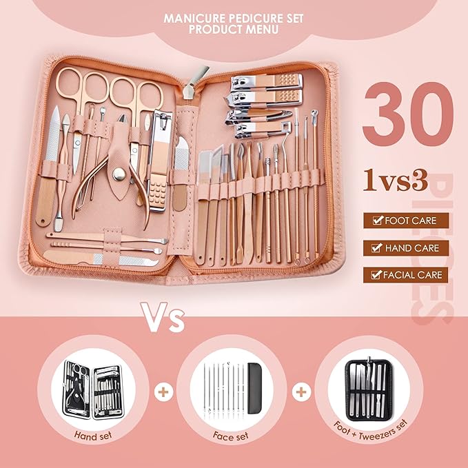 WOAMA Manicure Set Pedicure Kit - 30 in 1 Nail Kit Professional Stainless Steel Nail Care Kit for Women - Pink