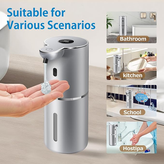 Automatic Liquid Soap Dispenser 12.8oz, Rechargeable & 6 Levels Soap Adjustable with Digital Display, Wall Mount, Waterproof, Touchless Hand/Dish Soap Dispenser for Kitchen, Bathroom, Hotel