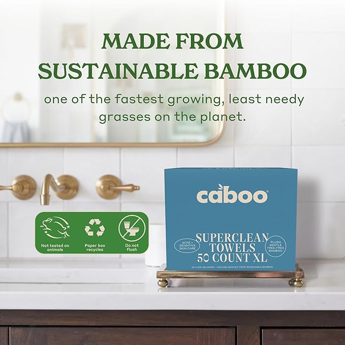 Caboo Tree Free Disposable Face Towels – 50 Soft, Lint-Free Towels | Extra-Large 10x11.5” | Gentle Alternative to Makeup Wipes & Washcloths