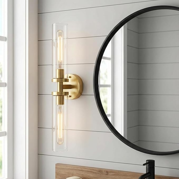 Wall Sconces 2-Pack, Hardwired Bathroom Light Fixtures, Modern Farmhouse Vanity Wall Lighting with Clear Glass Shades, E26 Base Wall Sconce Wall Lights for Bathroom Wall Decor, Gold