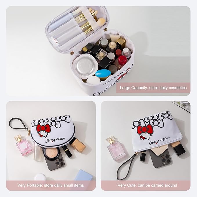Vimanllie Travel Makeup Bag Large Cosmetic Bags with Brush Holder,White Waterproof 3PCS Portable Cosmetic Case for Women,Toiletry Bag for Skincare&Beauty Tools for Her