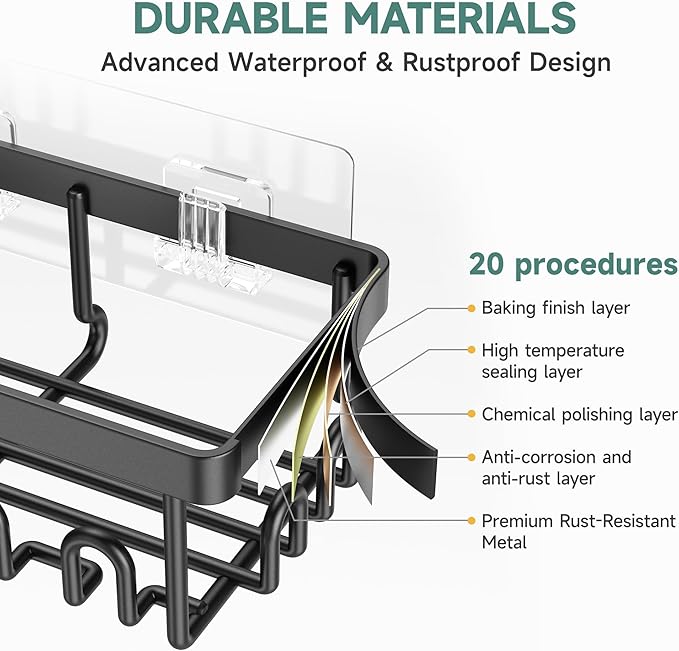 Veken Shower Caddy 6-Pack, Advanced Rustproof Design, No Drilling Adhesive Shelves, Rack with Soap Holder, Large Capacity Bathroom Organizers and Storage, Wall-Mounted Kitchen & Home Decor, Black