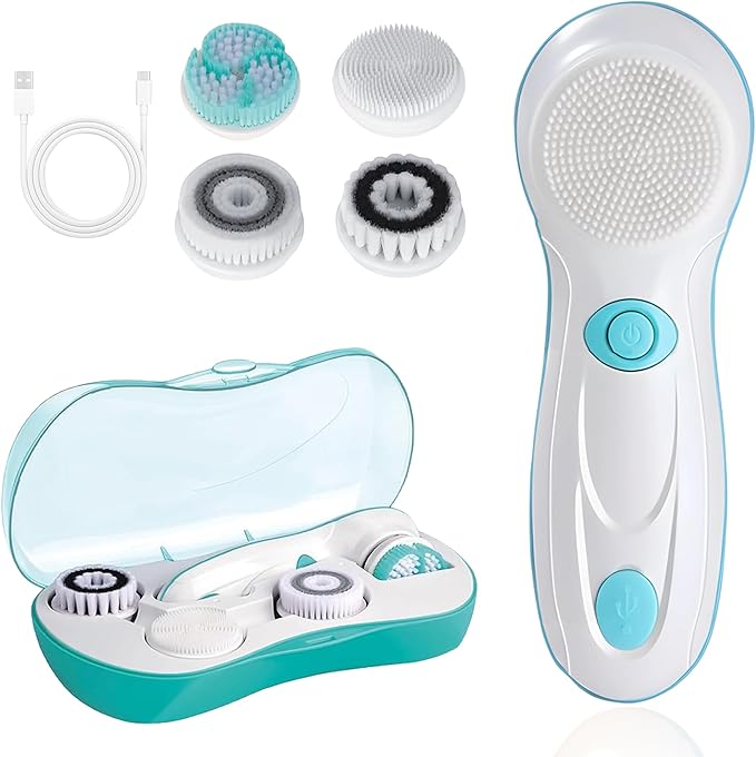 Facial Cleansing Brush, Electric Face Scrubber with 4 Cleanser Heads and 2 Speeds Adjustable for Deep Cleaning, Portable Rechargeable and Waterproof Face Wash Brush for Women & Men (Green)