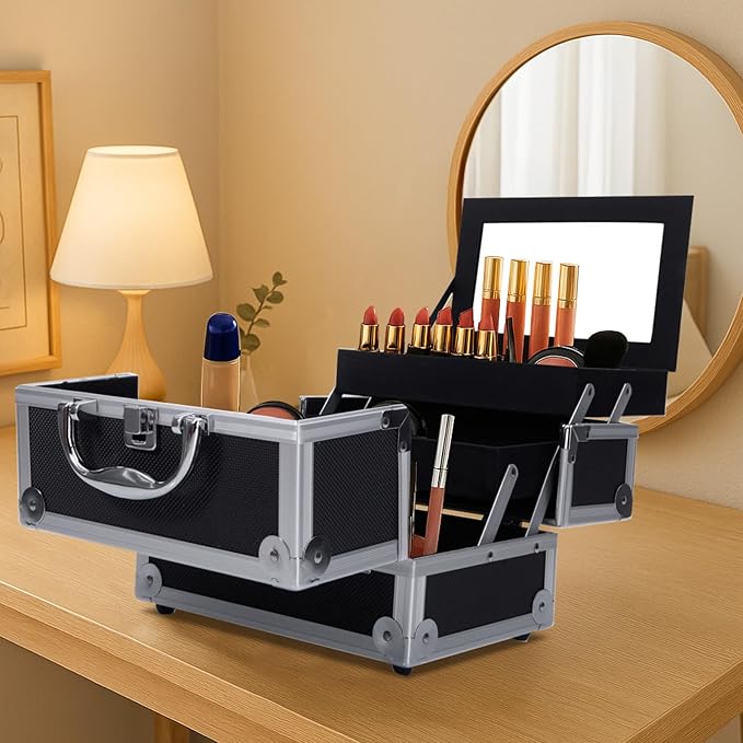 Makeup Train Case, Makeup Case Organizer with Mirror, Portable Cosmetic Box Storage with 2 Trays, Make Up Travel Case for Nail Kits Cosmetics Craft Traveling, Gifts for Women and Girls (Black)