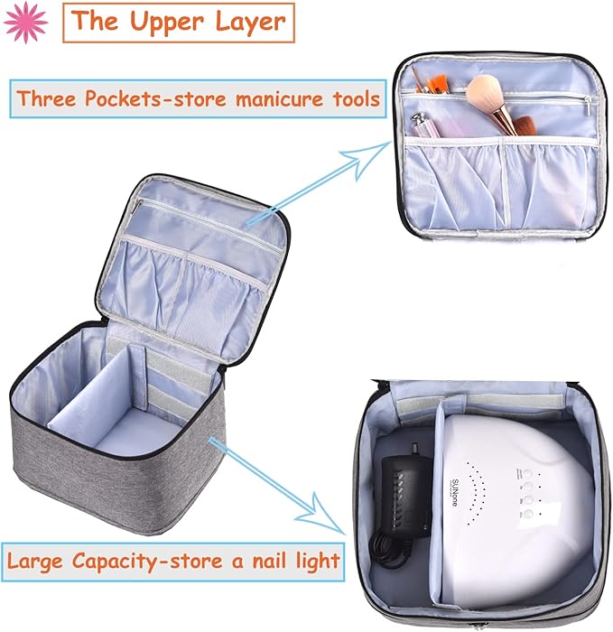 Nail Polish Organizer Holds 30 Bottles (15ml) and 1 Nail Light Nail Polish Carrying Case with Storage Pockets for Manicure Tools Double Layer Nail Polish Storage Travel Bag with Handle (A-Gray)