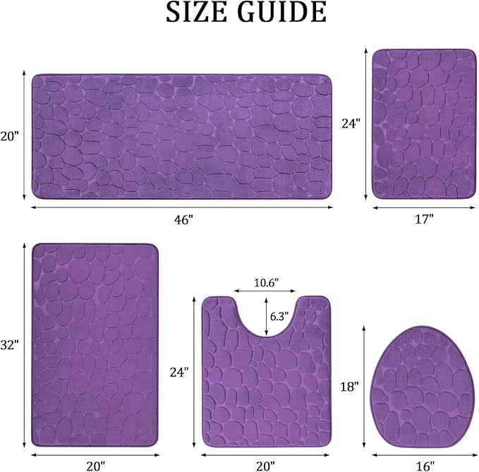 YIHOUSE Bathroom Rugs Mat Set 5 Piece Purple, Memory Foam Bath Mats Sets, Non Slip Water Absorbent Washable Bath Rugs for Sink, Toilet and Floor