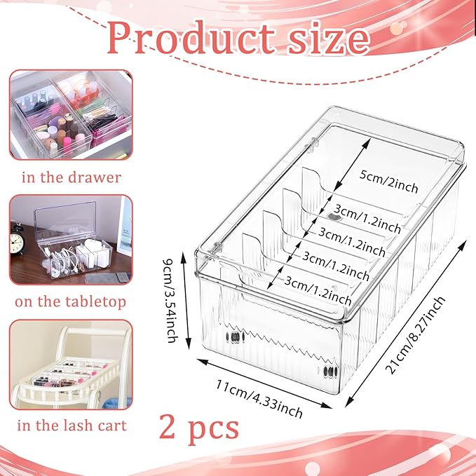 2 Pack Acrylic Lash Extension Organizer and Storage, Large Capacity 6 Divided Eyelash Extension Supplies Storage Box Eyelash Beauty Organizer with Lid for Technician Lash Techs