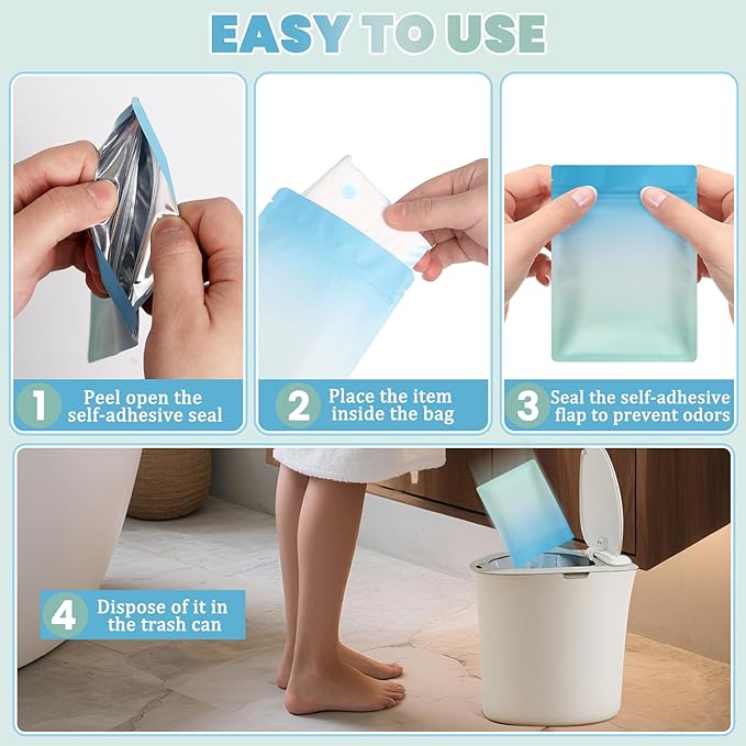 Disposable Sanitary Hygiene Disposal Bags for Bag Period Tampon Napkin Trash, 100pcs, Discreet Privacy Cover, Stylish Look, Self-Adhesive Seal,Portable for Purse, Bathroom, School, Travel(Blue-Green)