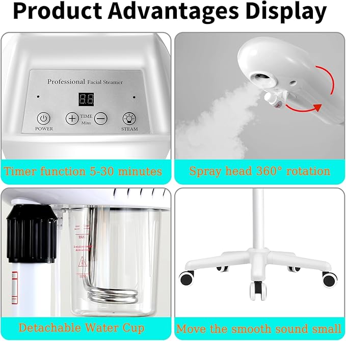Professional Facial Steamer for Deep Cleansing and Hydration, Ozone Spa Face Steamer on Wheels, Adjustable Height and Angle,Estheticians Steamer More Steam,Suitable for Beauty, Spa and Home Use